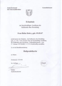 Erlaubnis zur Ausübung der Heilkunde – Heike Dobry (heute Heike Fuchs) – Gesundheitsamt Dortmund 1998